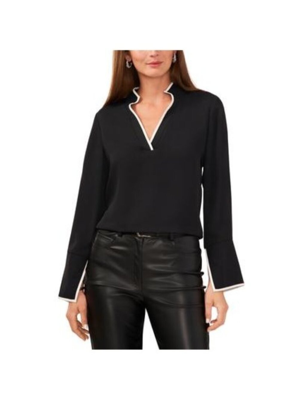 NWT Vince Camuto Black V-Neck Long Sleeve Split Cuff Blouse Size S MSRP $89